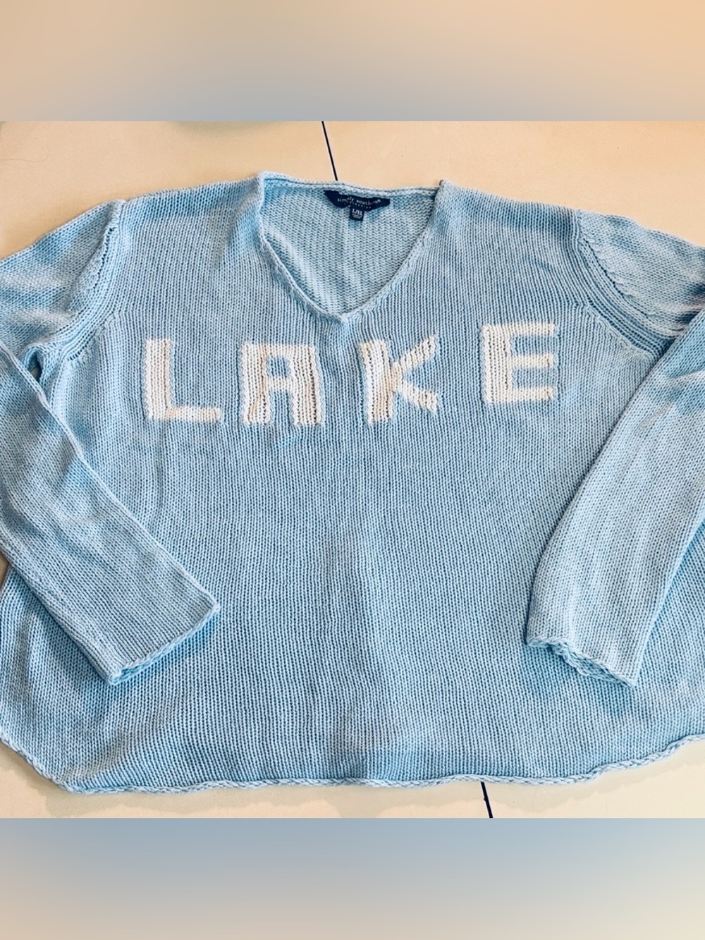 Simply Southern Light Blue "LAKE" V‑Neck Sweater with White Letters